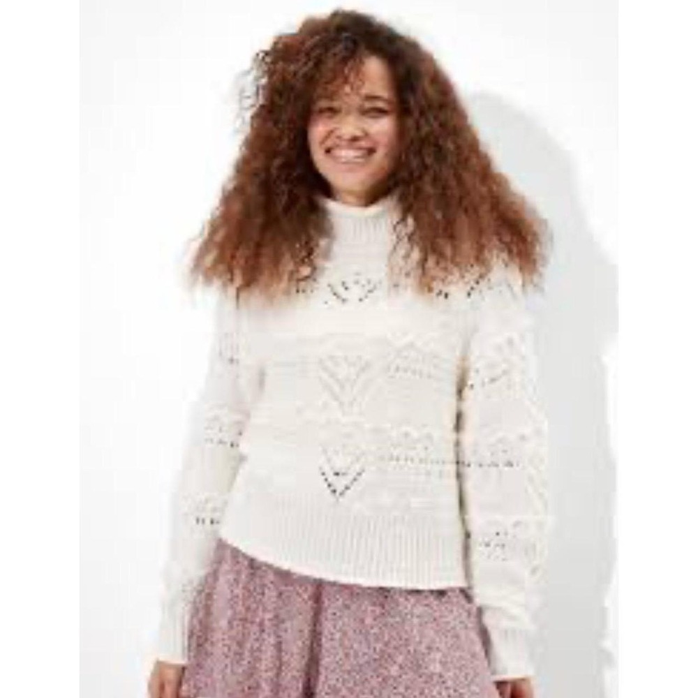 Womens NWT American Eagle Fringe Chunky Cottagecore Turtleneck Pullover Sweater